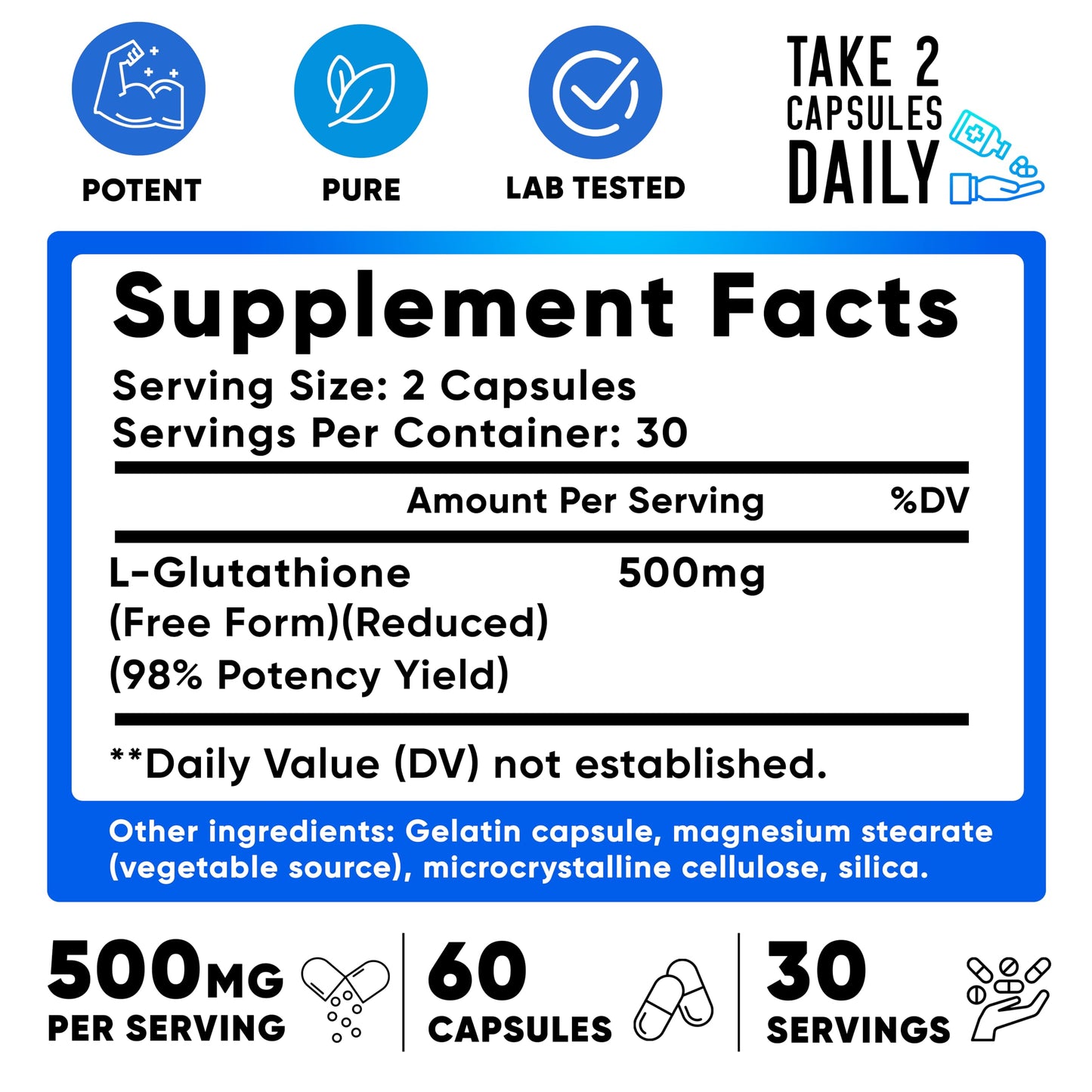 We Like Vitamins Glutathione 500mg Per Serving | Manufactured in USA | 60 Glutathione Capsules | Highly Bioavailable Reduced Glutathione Supplement | Organic L-Glutathione Supplement for Antioxidant