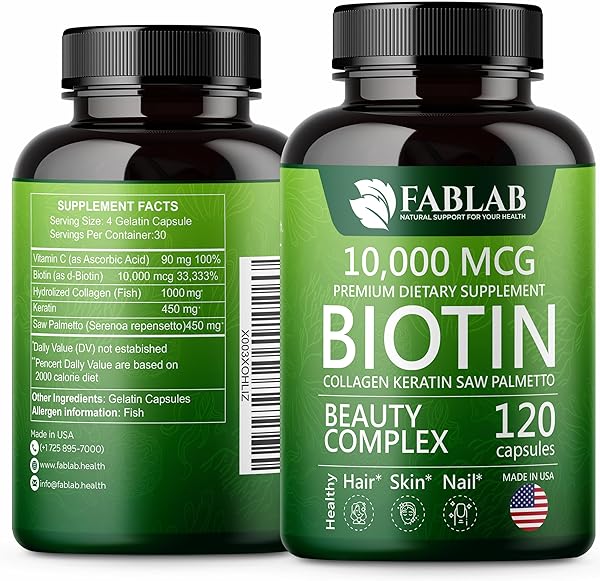 Biotin 10000 mcg Vitamins with Collagen, Keratin & Saw Palmetto for Women and Men - Biotin Hair Skin Nails Supplement for Hair, Skin, and Nails Wellness - Made in USA, 120 Capsules in Pakistan