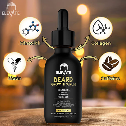 Elevate Beard Growth Oil 5% Minoxidil Hair Growth Serum with Biotin & Caffeine – Grow a Stronger Thicker Fuller Beard Faster – Natural Facial Hair Treatment for Grooming Thickening and Volume 2 Fl Oz 60mL