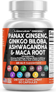 Panax Ginseng 10000mg Ginkgo Biloba 4000mg Ashwagandha Maca Root 3000mg - Focus Supplement Pills for Women and Men with Pine Bark Extract, Garlic, and Saw Palmetto - Made in USA Brain Health 60 Caps in Pakistan