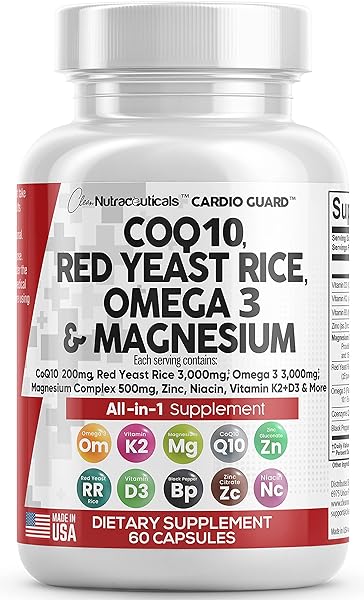 COQ10 200mg Red Yeast Rice 3000mg Omega 3 3000mg Magnesium Complex 500mg Niacin Zinc Vitamin K2 D3 - Heart Health Support Vitamins for Women and Men with Vitamin B3, Coenzyme Q10 - Made in USA 60 Ct in Pakistan in Pakistan