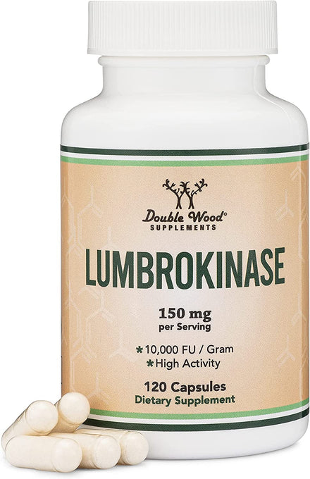 Lumbrokinase Enzymes Supplement - 120 Capsules (Max Activity 10,000 FU / Gram) 150mg per Serving (No Fillers) for Cardiovascular and Blood Circulation Support by Double Wood Supplements