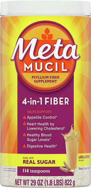 Metamucil With Real Sugar, Fiber Supplement, Natural Psyllium Husk Powder, Plant Based, 4-in-1 Fiber for Digestive Health, With Real Sugar, 114 teaspoons (28.1 OZ Fiber Powder) in Pakistan