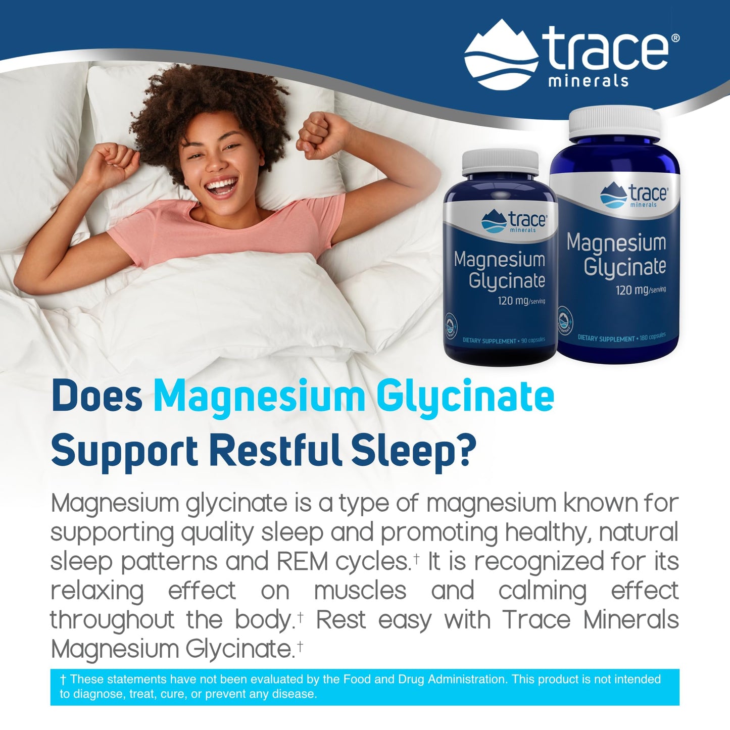 Trace Minerals Magnesium Glycinate Capsules | 120 mg Supports Normal Sleep, Calm Mood, and Maintains Normal Muscle, Liver, Bone & Nerve Function | 180 Count