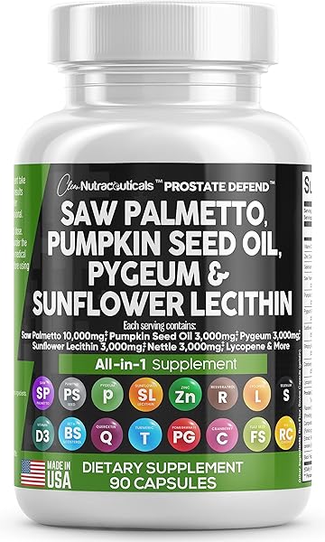 Clean Nutraceuticals Saw Palmetto 10000mg Pumpkin Seed Oil 3000mg Pygeum Sunflower Lecithin Stinging Nettle Cranberry - Prostate Supplements for Men with Lycopene Made in USA 90 Caps in Pakistan in Pakistan