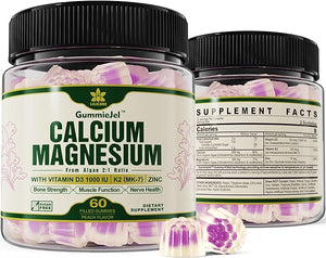 Plant Based Calcium Supplement 600mg, Whole Foods Algae Calcium Magnesium 2:1 Ratio with Vitamin D3, K2, Zinc for Bone Strength, Sugar Free Calcium Gummies for Women & Men, Vegan, Peach Flavor, 60 Cts in Pakistan