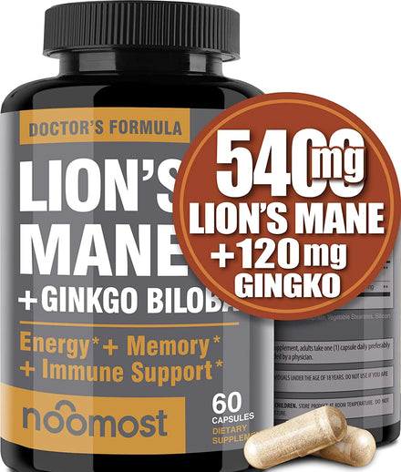 Organic Lions Mane Mushroom Capsules 5400mg, Ginkgo Biloba 120mg - Lion's Mane Ginko Biloba Memory Supplement for Nootropic Brain & Mental Clarity, Ginko Smart Maximum Focus and Memory, 2-Month Supply