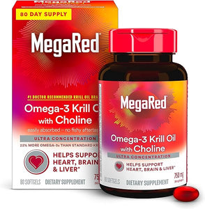 MegaRed Krill Oil 750mg Omega 3 Supplement with Choline, 1 Dr Recommended Krill Oil Brand with EPA, DHA & Phospholipids, Supports Heart, Brain, & Liver Health, Antarctic Krill Oil - 80 Softgels in Pakistan