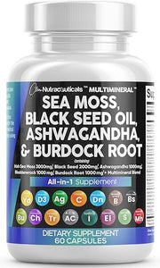 Sea Moss 3000mg Black Seed Oil 2000mg Ashwagandha 1000mg Turmeric 1000mg Bladderwrack 1000mg Burdock 1000mg & Vitamin C & D3 with Elderberry Manuka Dandelion Yellow Dock Iodine Chlorophyll ACV in Pakistan