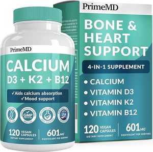 PrimeMD 4-in-1 Calcium Supplements for Women & Men - Calcium 600mg with Vitamin D3 K2 B12 5000 IU Supplement for Heart, Bone & Immune Support - Gluten-Free, Non-GMO, Vegan Friendly (120 Count) in Pakistan