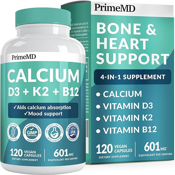 PrimeMD 4-in-1 Calcium Supplements for Women & Men - Calcium 600mg with Vitamin D3 K2 B12 5000 IU Supplement for Heart, Bone & Immune Support - Gluten-Free, Non-GMO, Vegan Friendly (120 Count) in Pakistan