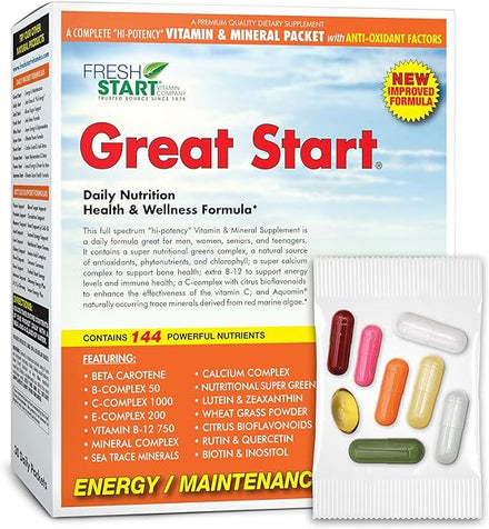 Great Start Complete Daily Vitamin Pack | Energy & Essentials | Vitamin A, B, C, D, E, B12, Biotin, Minerals, Calcium, Magnesium, Zinc, Super Greens (30 Packets) in Pakistan