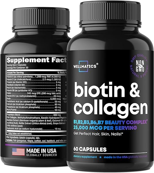 Biotin Capsules with Collagen and Keratin - 25000MCG Per Serving - Biotin Vitamins for Hair, Skin and Nails - Premium Biotin Supplement for Hair Growth for Women and Men - Metabolism Support - 60 Caps in Pakistan