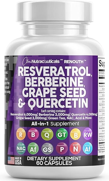 Resveratrol 6000mg Berberine 3000mg Grape Seed Extract 3000mg Quercetin 4000mg Green Tea Extract - Polyphenol Supplement for Women and Men with N-Acetyl Cysteine, Acai Extract - Made in USA 60 Caps in Pakistan in Pakistan