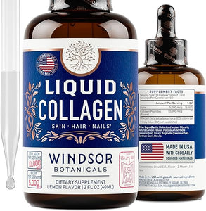 Concentrated Liquid Collagen Peptides Supplement - Hair, Skin, Nail, Joints Support - Sublingual Drops by WINDSOR BOTANICALS - 10,000mcg Collagen, 5,000mcg Biotin - Lemon Flavor - 2-Month - 2 oz in Pakistan