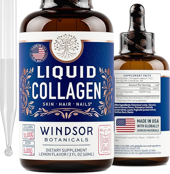 Concentrated Liquid Collagen Peptides Supplement - Hair, Skin, Nail, Joints Support - Sublingual Drops by WINDSOR BOTANICALS - 10,000mcg Collagen, 5,000mcg Biotin - Lemon Flavor - 2-Month - 2 oz in Pakistan in Pakistan