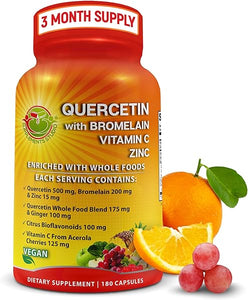 Quercetin with Bromelain Vitamin C and Zinc with Organic Whole Food Quercetin Blend - 1215mg per Serving - Phytosome Quercetin 500mg Capsules with Ginger and Flavonoids for Immune Support - 180 count in Pakistan