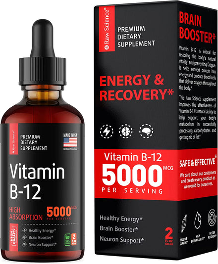S RAW SCIENCE Vitamin B12 Liquid Drops Sublingual 5000mcg, Methyl & Methylcobalamin Supplements for Women and Men, Mood & Energy Booster, Metabolism & Heart Health Support, Maximum Absorption Formula