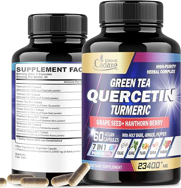 Organic Cadane Quercetin Supplements 23400mg - Body Mangement, Immune System & Joint Support - 7 Premium Ingredients Extract with Green Tea, Grape Seed, Turmeric & More - 60 Superfood Capsules in Pakistan in Pakistan