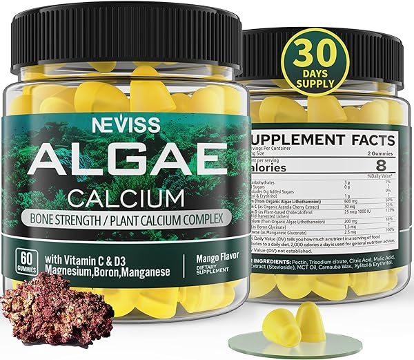 Marine Algae Calcium Supplement 600 mg, Sugar Free Calcium Gummies with Vitamin D3, C, Magnesium, 70+ Trace Minerals for Bone Strength, Healthy Calcium Absorption, Gentle Digestion, Vegan, 60 Counts in Pakistan