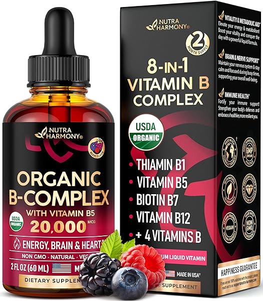 USDA Organic Vitamin B5 Pantothenic Acid - B-Complex Supplement w/ B12 Methylcobalamin | B1 Thiamine | B6 Pyridoxine | B7 Biotin | B9 Folic | B3 Niacinamide - Energy Liquid Drops, Made in USA, 2fl oz in Pakistan in Pakistan