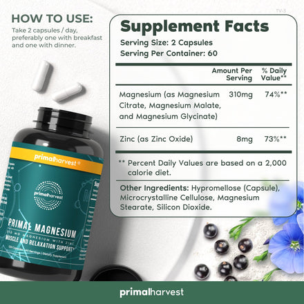 Magnesium Supplement Complex 310mg by Primal Harvest with Magnesium Glycinate, Citrate, Malate, and Zinc 120 Capsules