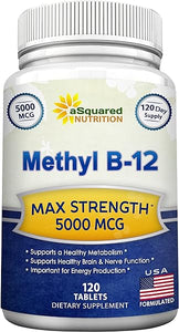 aSquared Nutrition Vitamin B12-5000 MCG Supplement with Methylcobalamin (Methyl B-12) - Max Strength Vitamin B 12 Support to Help Boost Natural Energy, Benefit Brain & Heart Function - 120 Tablets in Pakistan