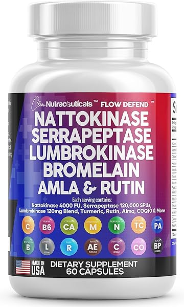 Clean Nutraceuticals Nattokinase 4000 FU Serrapeptase 120000 SPU Lumbrokinase Enzyme Supplement with Bromelain Papain Papaya Enzymes Rutin Extract Amla Magnesium Vitamin B6 & VIT C Capsules in Pakistan