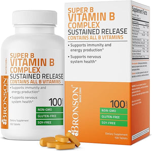 Bronson Super B Vitamin B Complex Sustained Slow Release (Vitamin B1, B2, B3, B6, B9 - Folic Acid, B12) Contains All B Vitamins 100 Tablets in Pakistan