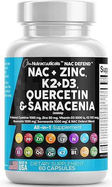 NAC Supplement N-Acetyl Cysteine 1000mg Vitamin D3 K2 Zinc Quercetin 1000mg Sarracenia Purpurea 1000mg with Elderberry Holy Basil Bee Propolis Bromelain L-Lysine Made in USA - 60 Count in Pakistan