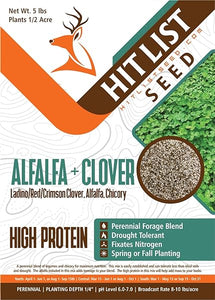 Alfalfa + Clover Deer Perennial Food Plot Blend, 5 lbs (1/2 Acre) - Ladino Clover, Red Clover, Crimson Clover, Alfalfa, Chicory, Whitetail, Blacktail, Elk, Hunting, Protein, Attractive in Pakistan