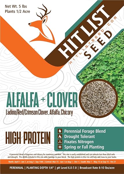 Alfalfa + Clover Deer Perennial Food Plot Blend, 5 lbs (1/2 Acre) - Ladino Clover, Red Clover, Crimson Clover, Alfalfa, Chicory, Whitetail, Blacktail, Elk, Hunting, Protein, Attractive in Pakistan in Pakistan