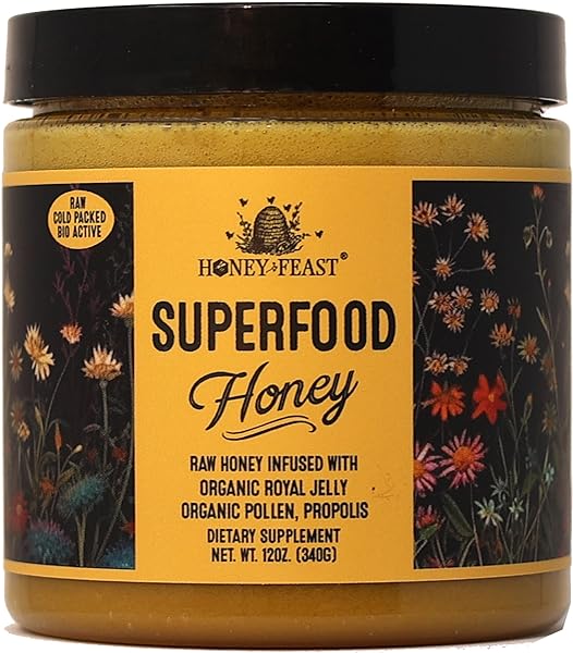 HONEY FEAST Flower Powered Raw Superfood Honey with Royal Jelly, Bee Pollen, Bee Propolis (12 Ounces) Cold packed and hand poured in Florida, USA in Pakistan in Pakistan