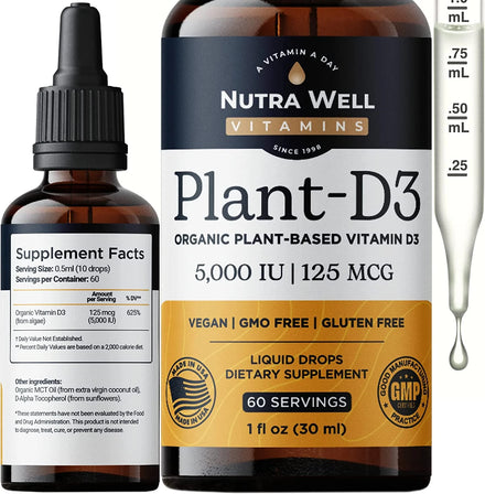 Nutra Well Vitamins D3 Liquid - 60 Serving Plant Based Liquid Vitamin D Drops for Strong Bones - D3 Vitamins for Men & Women Immune Support, Mood & Brain Health - Vitamin D3 5000 IU Energy Supplements