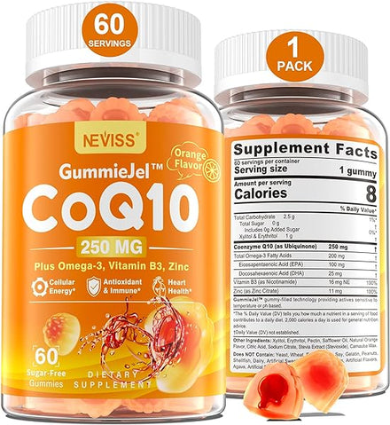 Sugar-Free CoQ10-250mg Filled Gummies - 2 Months Supply - Plus Omega-3, Vitamin B3 & Zinc, High Absorption Coenzyme Q10 Supplements for Heart Health, Cellular Energy & Antioxidant Support, Vegan 60Cts in Pakistan