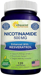 aSquared Nutrition Nicotinamide with Resveratrol - 120 Veggie Capsules - Vitamin B3 500mg (Niacinamide Flush Free) - Supplement Pills to Support NAD, Skin Cell Health & Energy in Pakistan