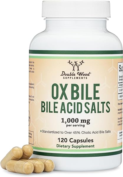 Ox Bile Supplement for No Gallbladder (1,000mg Per Serving, 500mg per Capsule, 120 Capsules) Standardized to 45% Cholic Acid Bile Salts to Help Address Bile Salt Deficiencies by Double Wood in Pakistan