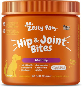 Zesty Paws Mobility Bites Dog Joint Supplement - Hip and Joint Chews for Dogs - Pet Products with Glucosamine, Chondroitin, & MSM + Vitamins C and E for Dog Joint Relief - Bacon – 90 Count in Pakistan