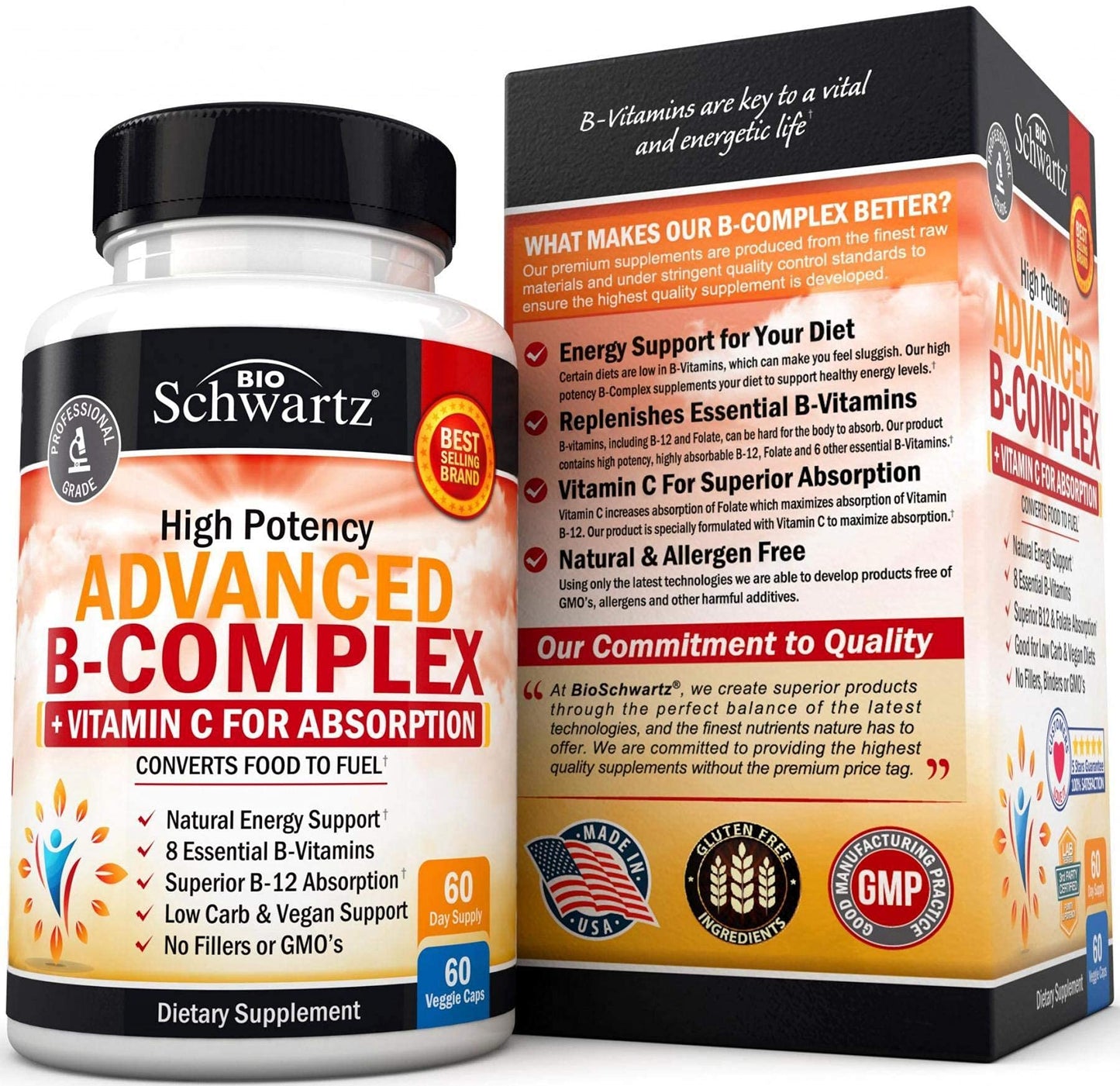 Vitamin B Complex with Vitamin C for Maximum Absorption - Methylcobalamin b12 & Folate Folic Acid Supplement - Vitamins B1 B2 B3 B5 B6 B7 B9 for Immune Energy & Nervous System Support - Non-GMO -60ct