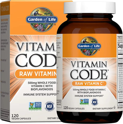 Garden of Life Vitamin C - Vitamin Code Raw Vitamin C - 120 Vegan Capsules, 500mg Whole Food Vitamin C with Bioflavonoids, Fruits & Veggies, Probiotics, Gluten Free Vitamin C Supplements for Adults