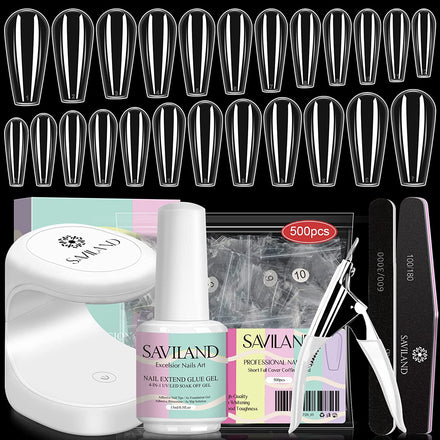 Acrylic Nail Kit Nail Extensions Kit, Glue, Coffin Nails Tips with Nail Glue Gel and Lamp, Nail Art