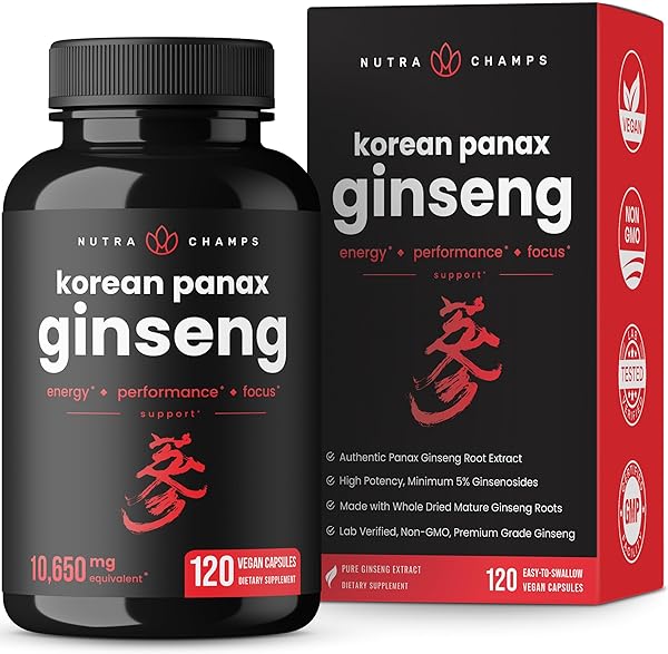 NutraChamps Korean Red Panax Ginseng Capsules | Extra Strength Ginsenosides for Energy, Focus, Performance, Vitality & Immune Support | Korean Red Ginseng Root Extract Powder Supplement | Vegan Pills in Pakistan in Pakistan