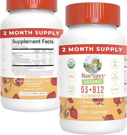 Vitamin D3 + Vitamin B12 Gummies | 2 Month Supply | USDA Organic | Vitamin D & B12 Supplement for Adults & Kids Ages 2+ | Bone Health | Energy Boost | Vegan | Non-GMO | Gluten Free | 60 Count