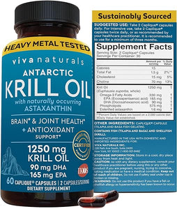 Viva Naturals Antarctic Krill Oil Omega 3 Fatty Acid Supplements 1250 mg, High EPA DHA & Astaxanthin Concentration for Brain, Joint Health & Antioxidant Support, No Fish Burps, 60 Count in Pakistan
