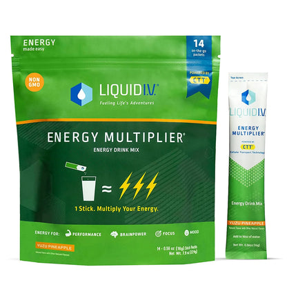 Liquid I.V. NEW Yuzu Pineapple Energy Multiplier | Energy Powder Drink Sticks | Proprietary Energy Blend | Natural Caffeine | Easy Open Single-Serving Stick | Non-GMO | Yuzu Pineapple - 14 Sticks