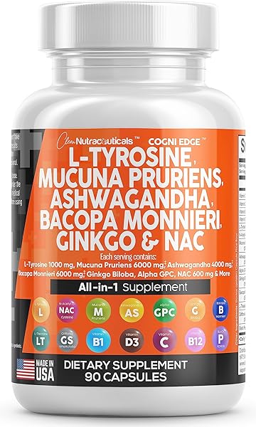 L Tyrosine 1000mg Mucuna Pruriens 6000mg Bacopa Monnieri 500mg Ashwagandha 4000mg Focus Supplement w/ L-Tyrosine N-Acetyl Cysteine 600mg NAC 5-HTP Ginkgo Biloba Alpha GPC L Theanine Vitamin C D B1 B12 in Pakistan