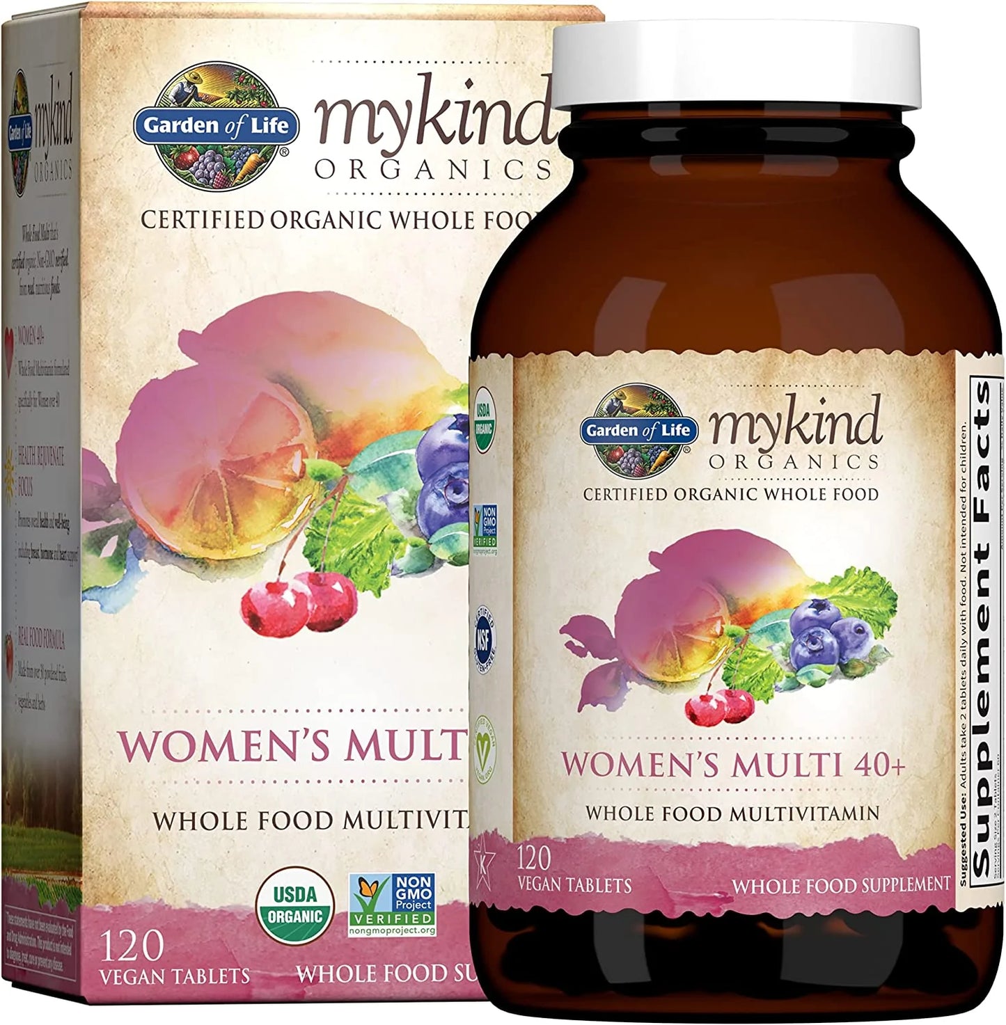 Garden of Life mykind Organics Vitamins for Women 40 Plus - 120 Tablets, Womens Multi 40 Plus, Vegan Vitamins for Women Over 40, Hormone & Breast Health Support Blend, Whole Food Womens Multivitamin