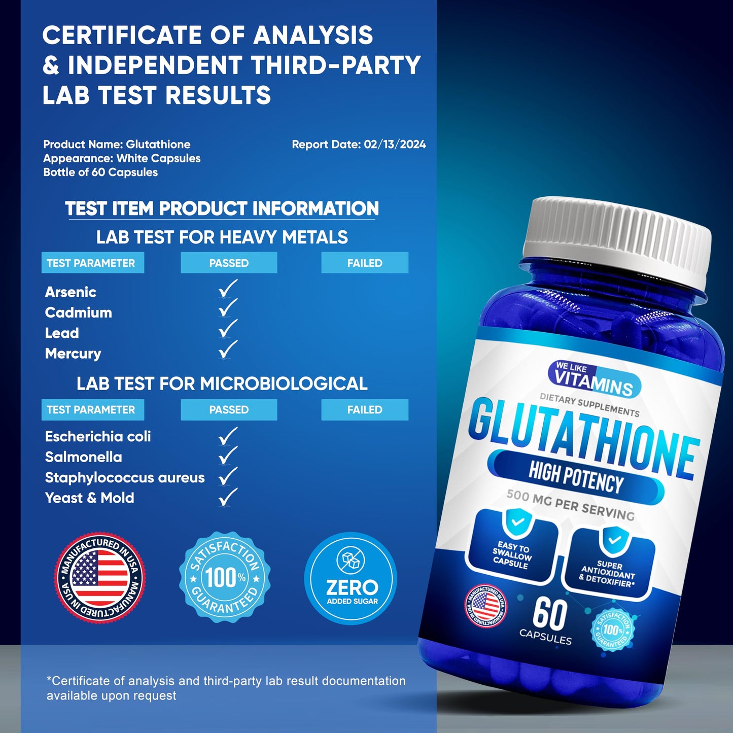 We Like Vitamins Glutathione 500mg Per Serving | Manufactured in USA | 60 Glutathione Capsules | Highly Bioavailable Reduced Glutathione Supplement | Organic L-Glutathione Supplement for Antioxidant