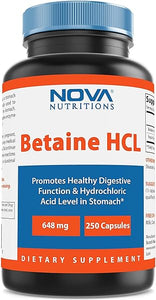 Nova Nutritions Betaine HCL with Pepsin Digestive Enzyme 648 mg 250 Capsules - Tested For Quality and Safety, Gluten Free and Non-GMO in Pakistan