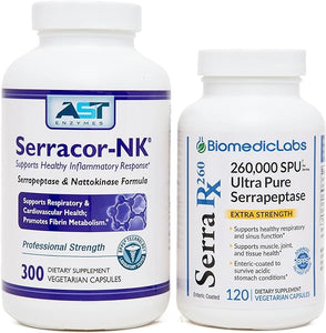 Serracor-NK & Serra-RX 260,000 SU - Scar Tissue Bundle (300 Capsules & 120 Capsules) - Enteric Coated Serrapeptase Proteolytic Systemic Enzyme, Respiratory & Lung Support in Pakistan